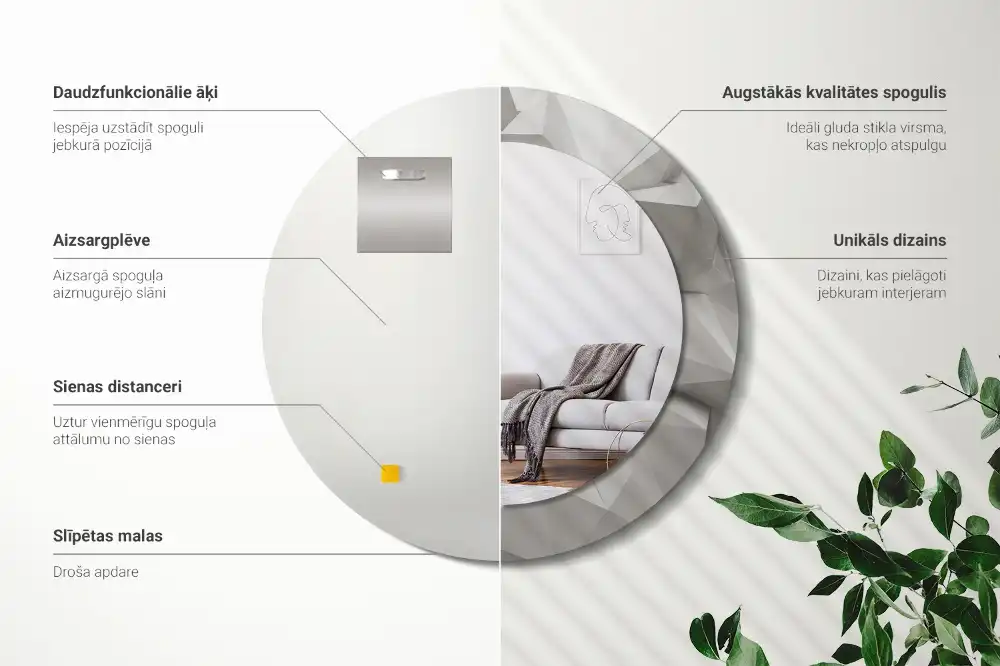 Round mirror frame with print Abstract white crystal