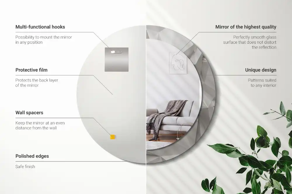 Round mirror frame with print Abstract white crystal