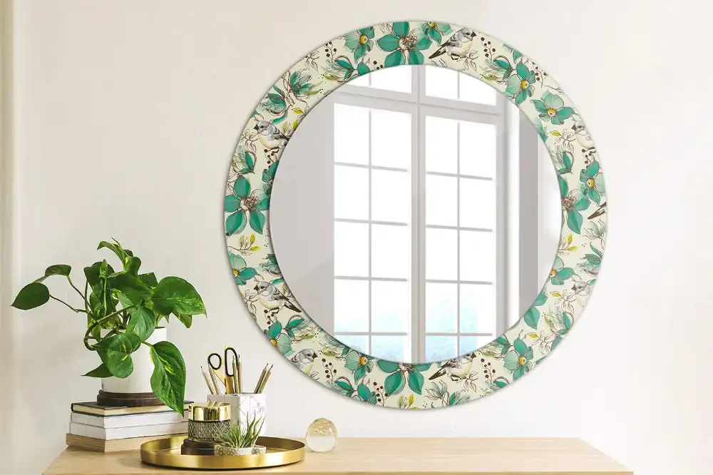 Round printed mirror Flowers and birds