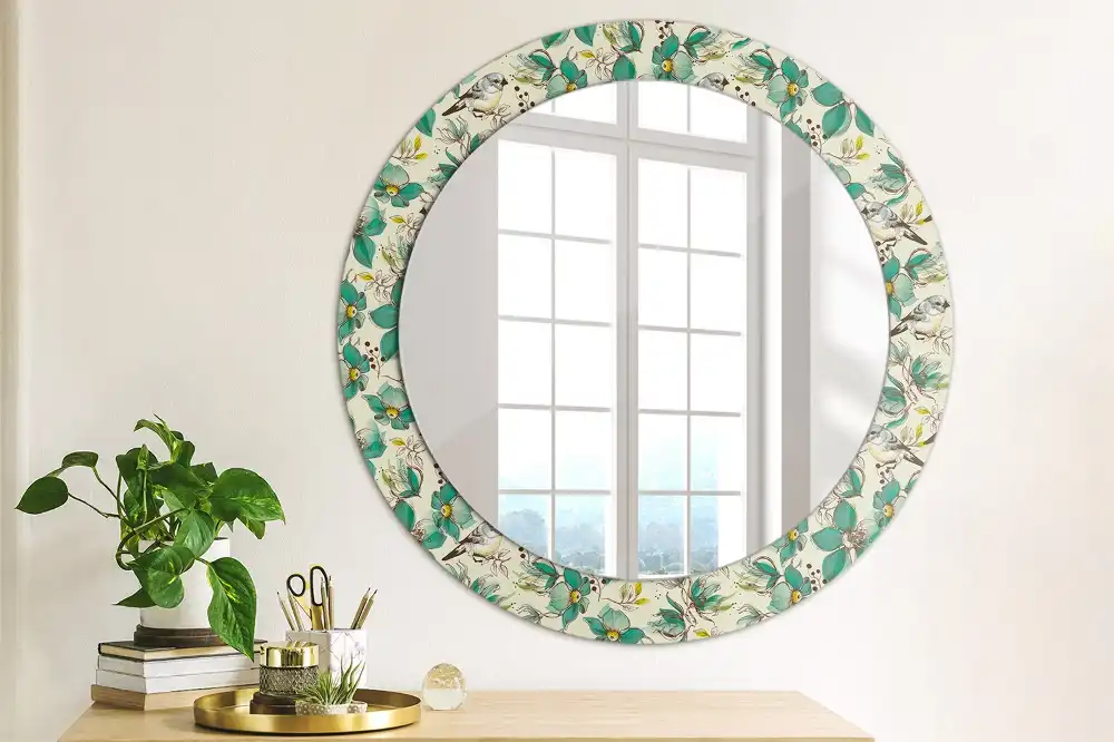 Round printed mirror Flowers and birds
