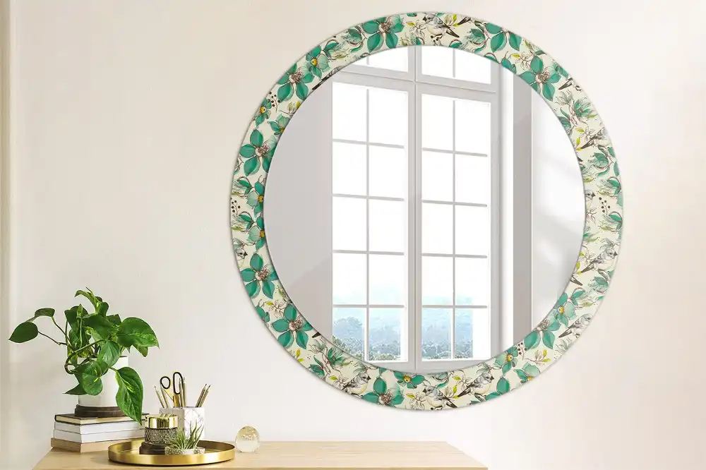 Round printed mirror Flowers and birds