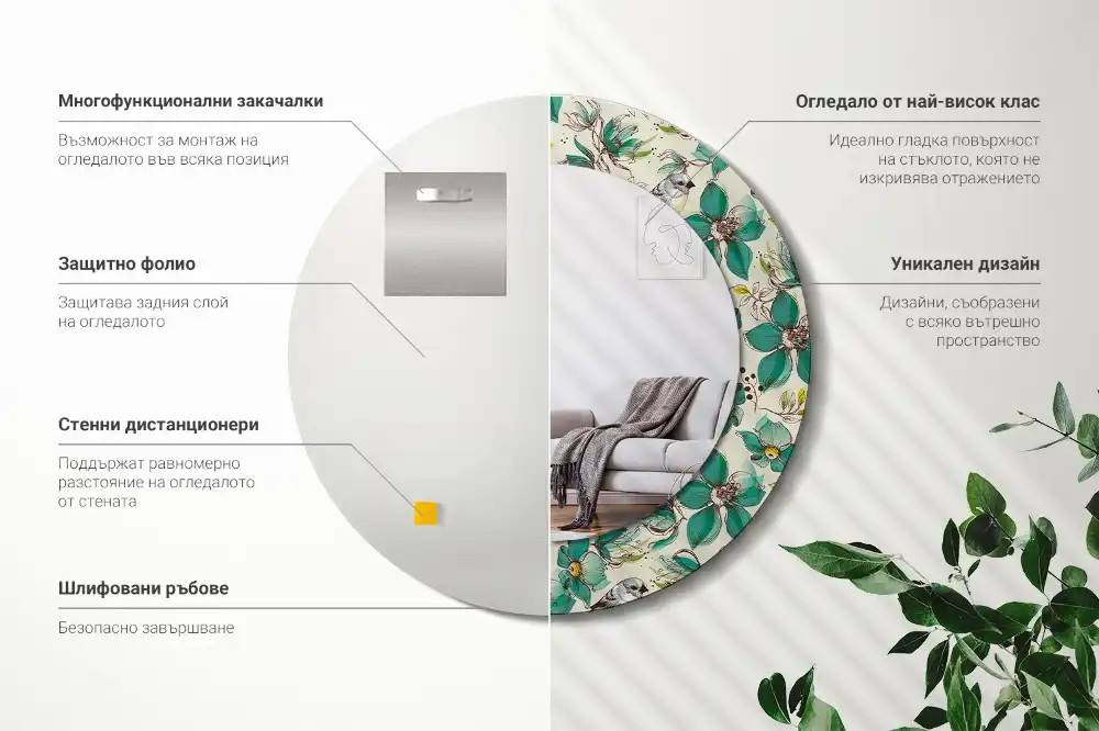Round printed mirror Flowers and birds