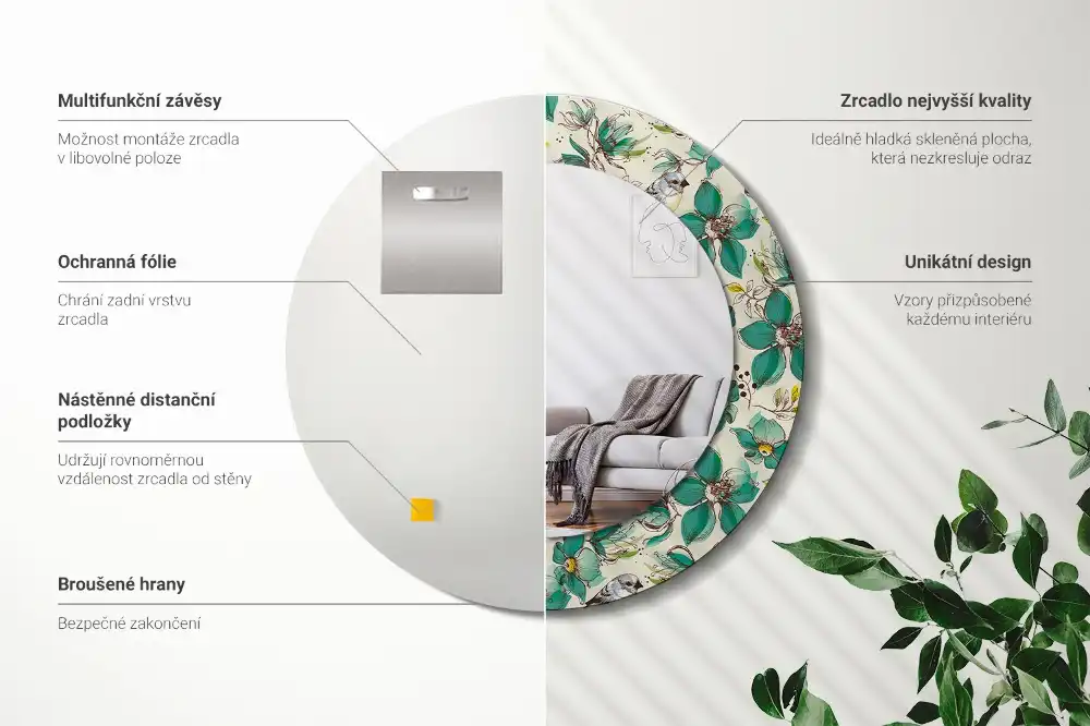 Round printed mirror Flowers and birds
