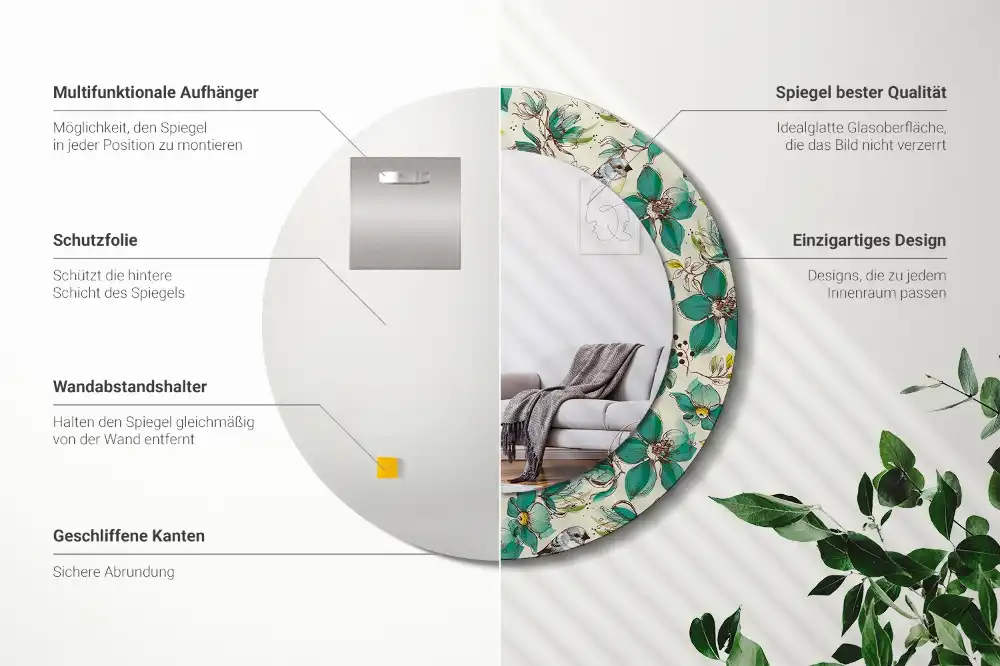 Round printed mirror Flowers and birds