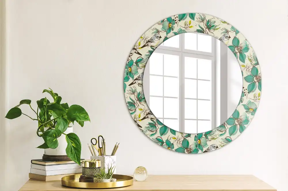 Round printed mirror Flowers and birds