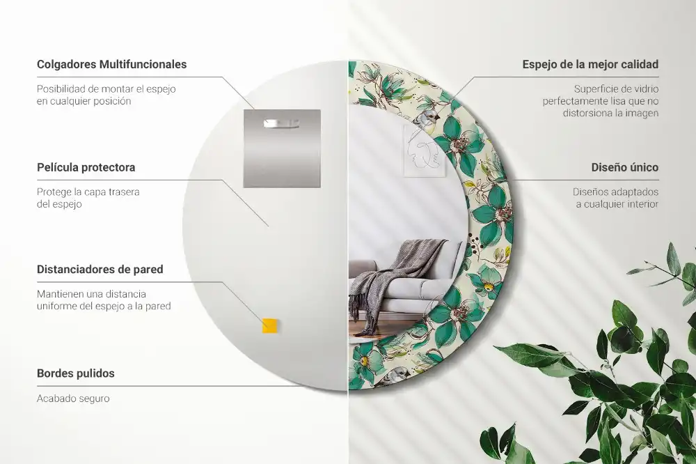 Round printed mirror Flowers and birds