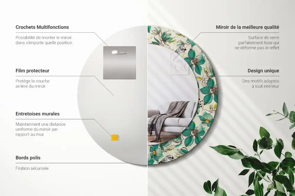 Round printed mirror Flowers and birds