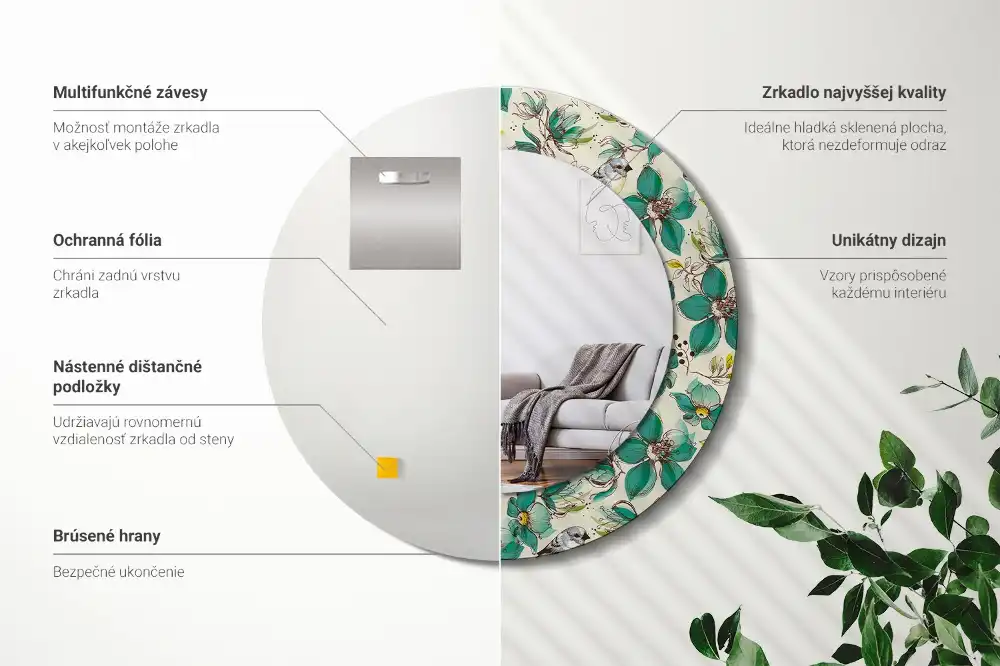 Round printed mirror Flowers and birds