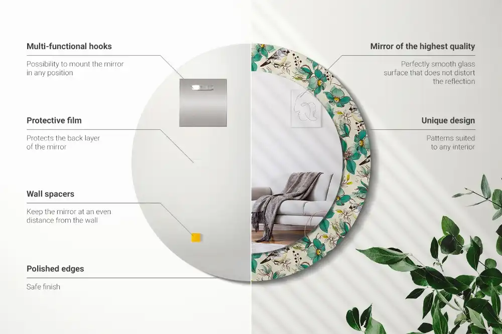 Round printed mirror Flowers and birds