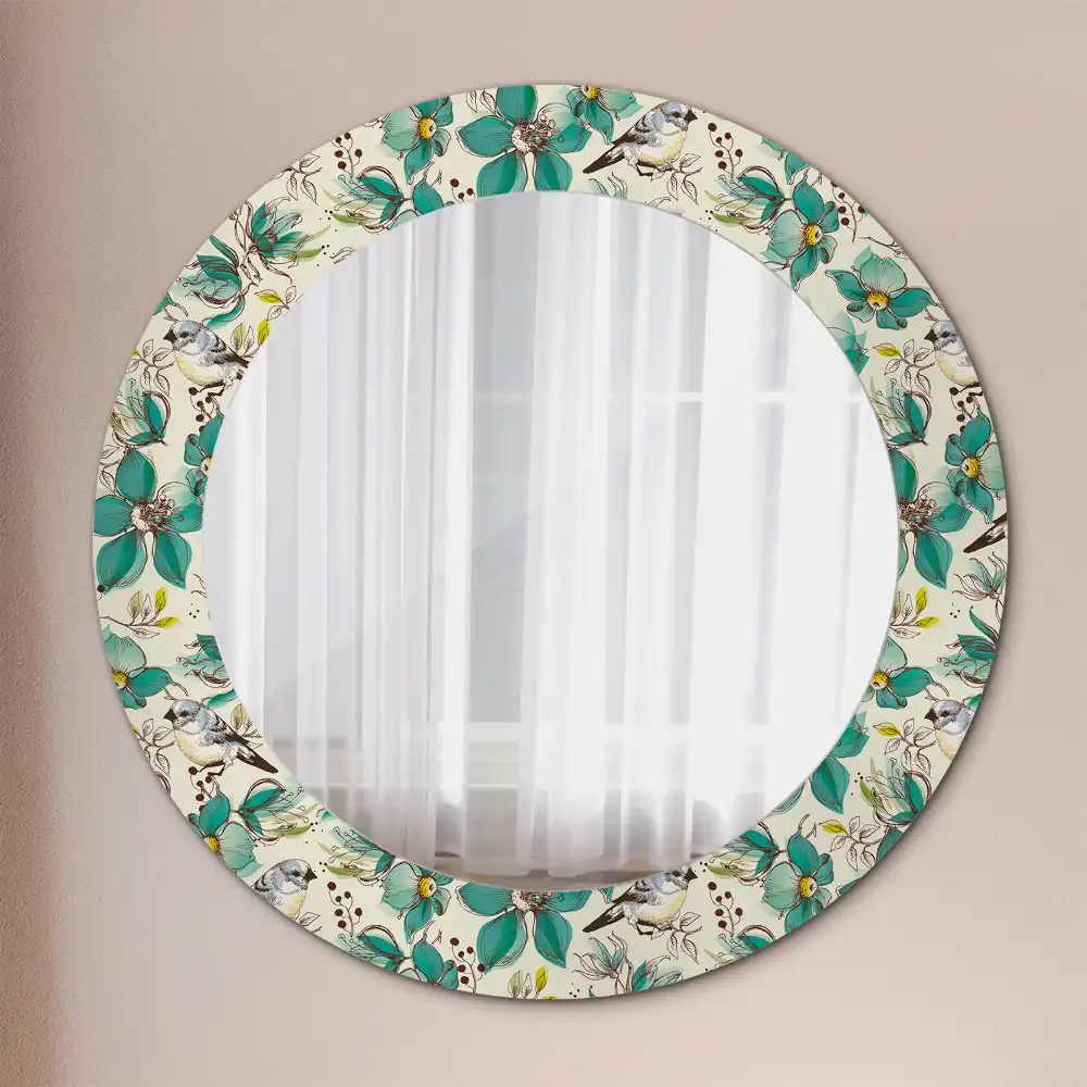 Round printed mirror Flowers and birds