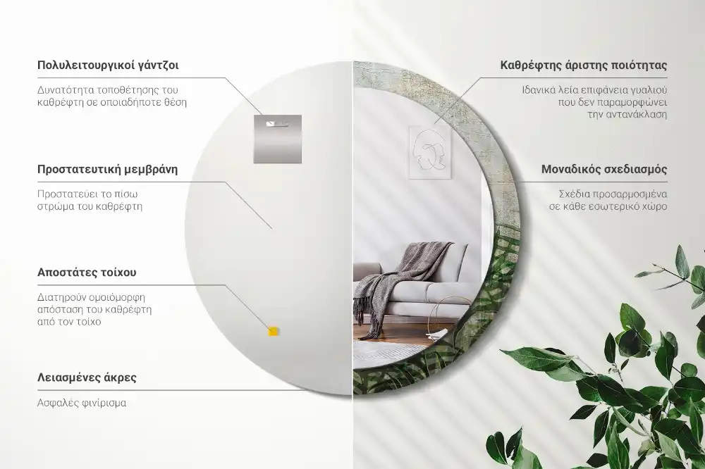 Round mirror frame with print Fern leaves