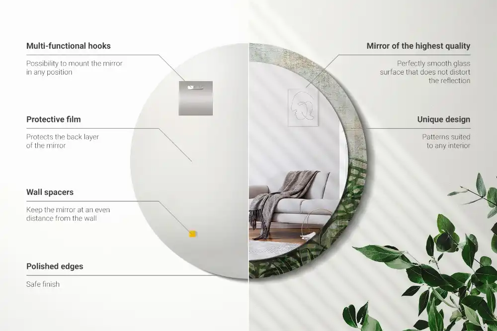 Round mirror frame with print Fern leaves