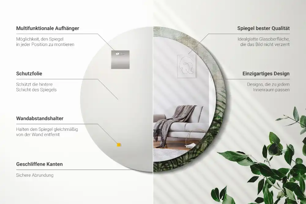 Round mirror frame with print Fern leaves