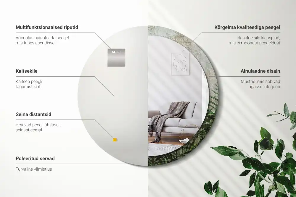 Round mirror frame with print Fern leaves