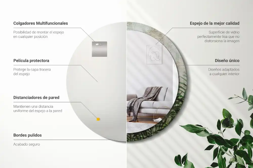 Round mirror frame with print Fern leaves