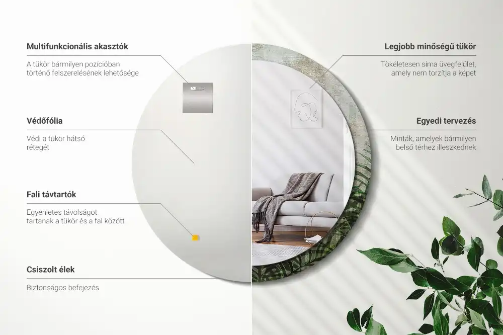 Round mirror frame with print Fern leaves