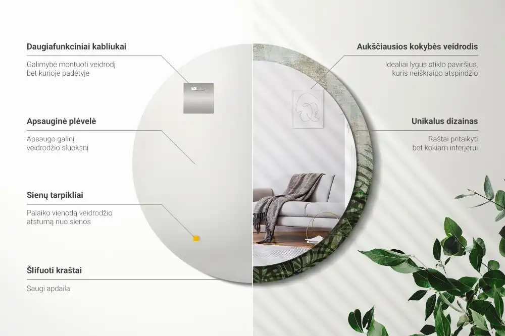Round mirror frame with print Fern leaves