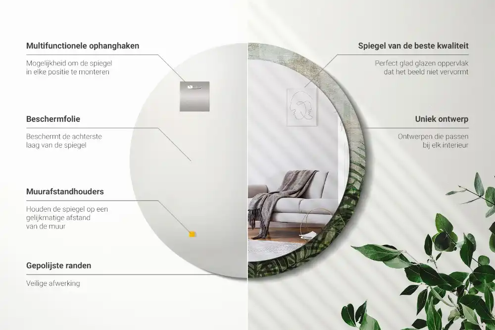 Round mirror frame with print Fern leaves