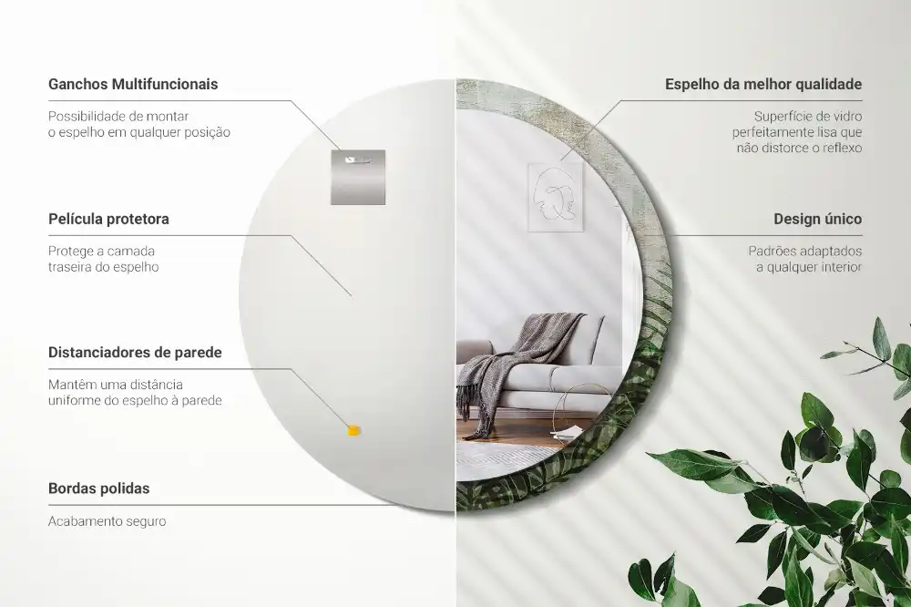 Round mirror frame with print Fern leaves