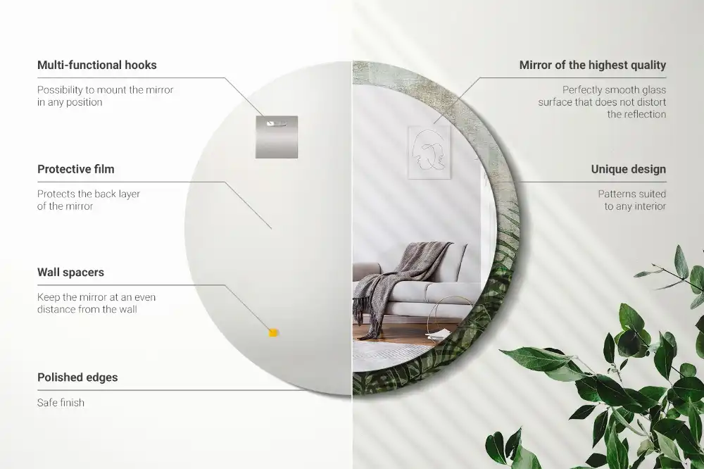 Round mirror frame with print Fern leaves