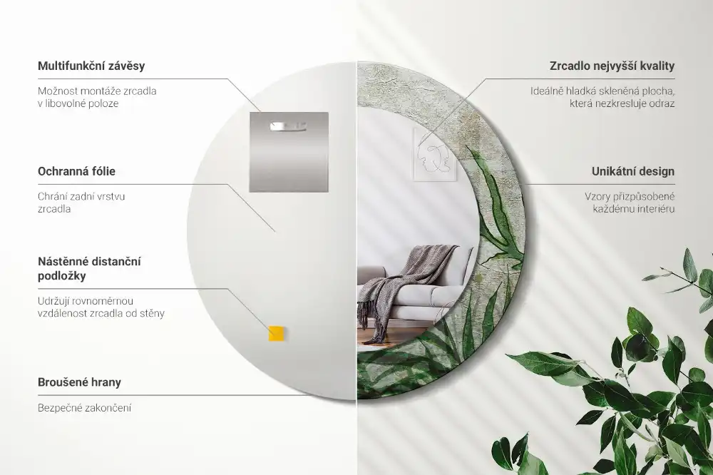 Round mirror frame with print Fern leaves