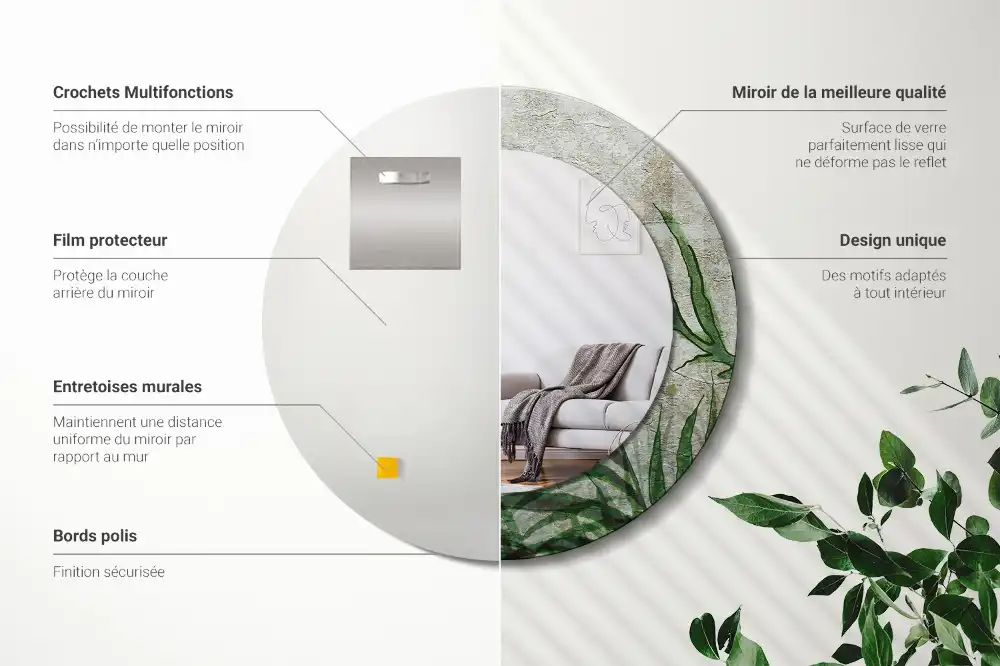Round mirror frame with print Fern leaves
