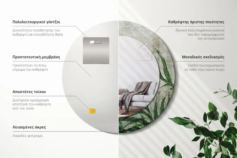 Round mirror frame with print Fern leaves