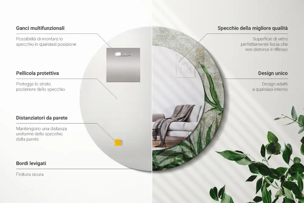 Round mirror frame with print Fern leaves