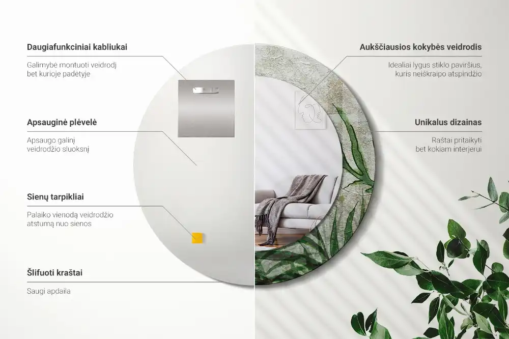 Round mirror frame with print Fern leaves