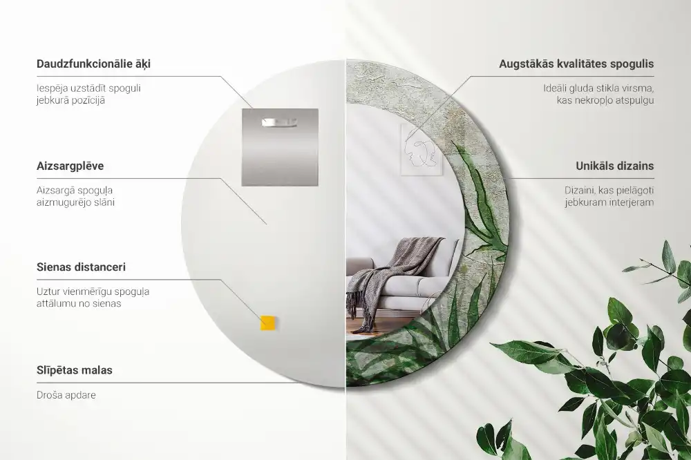 Round mirror frame with print Fern leaves