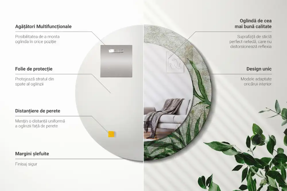Round mirror frame with print Fern leaves