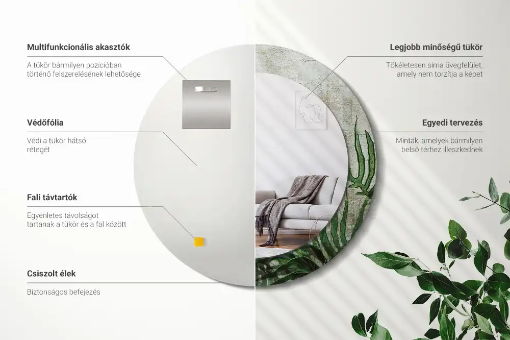 Round mirror frame with print Fern leaves