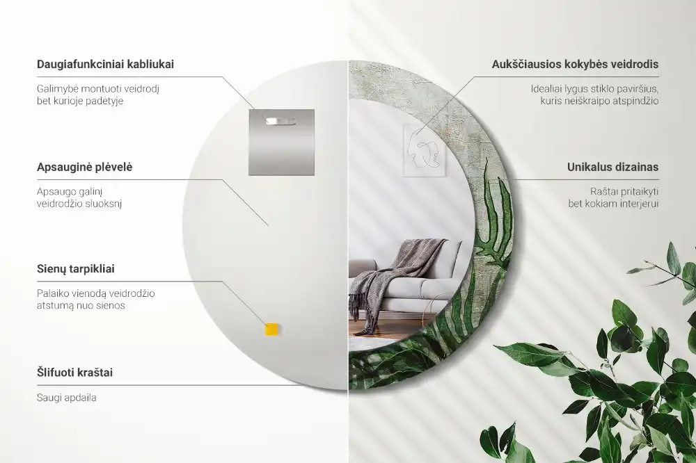 Round mirror frame with print Fern leaves