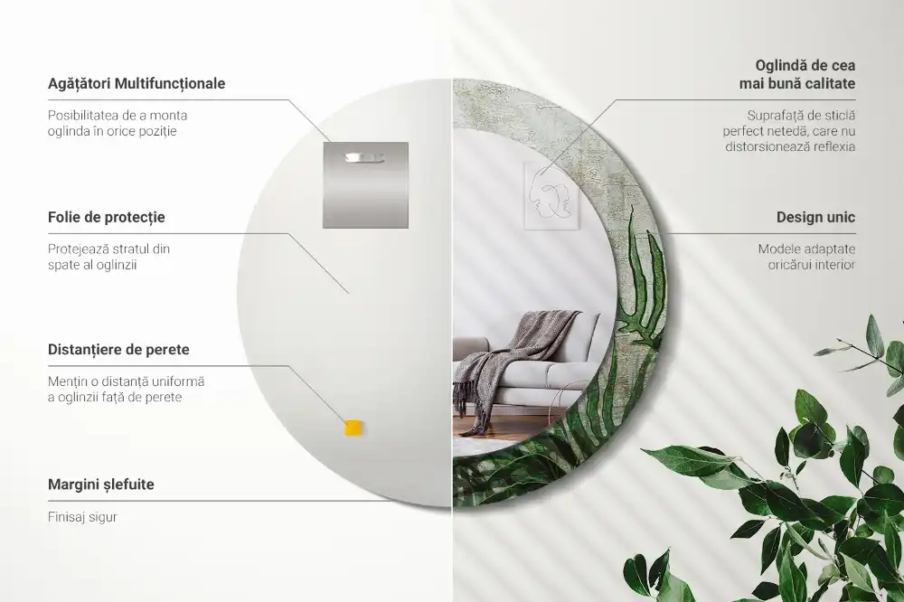 Round mirror frame with print Fern leaves