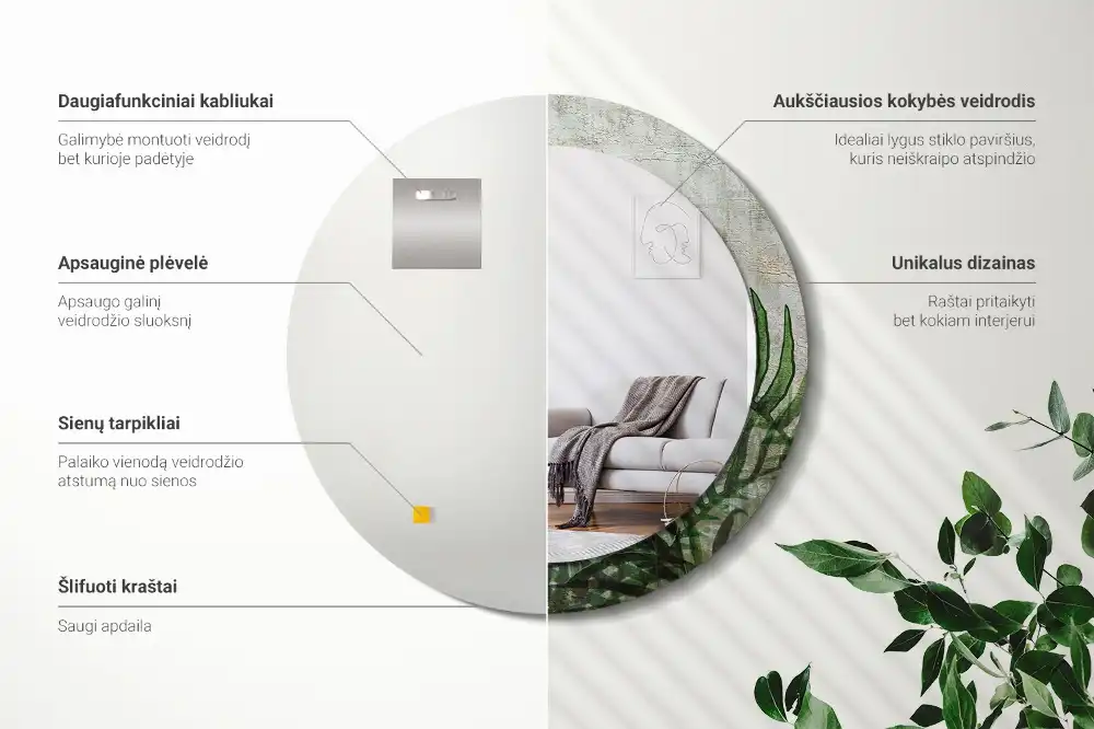 Round mirror frame with print Fern leaves