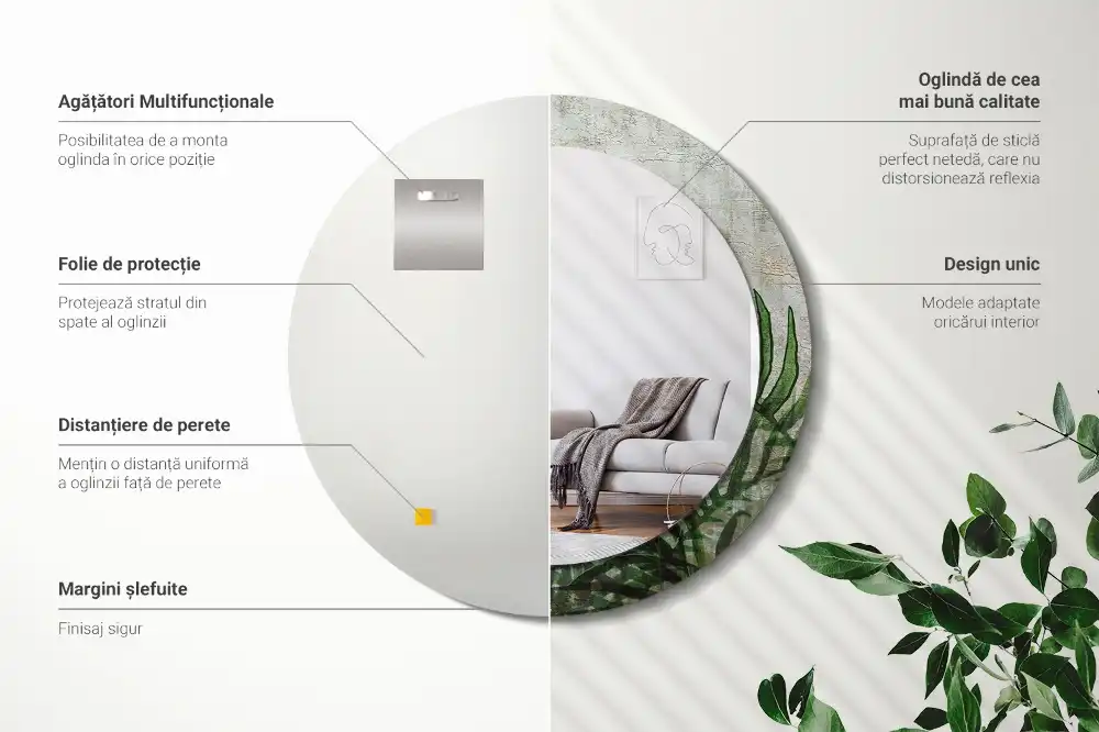 Round mirror frame with print Fern leaves