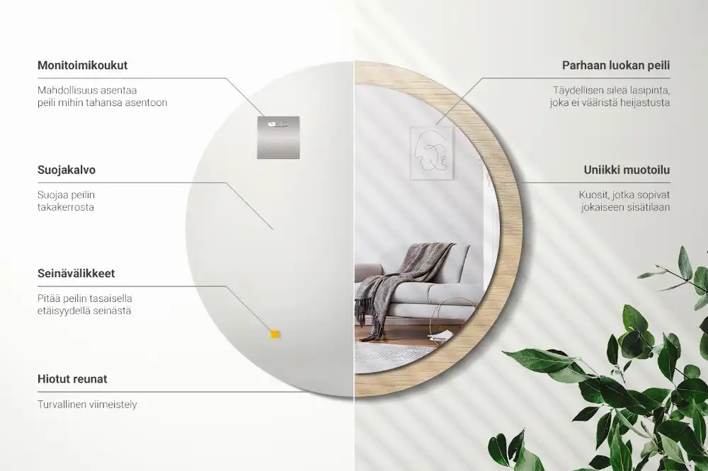 Round printed mirror Light wood