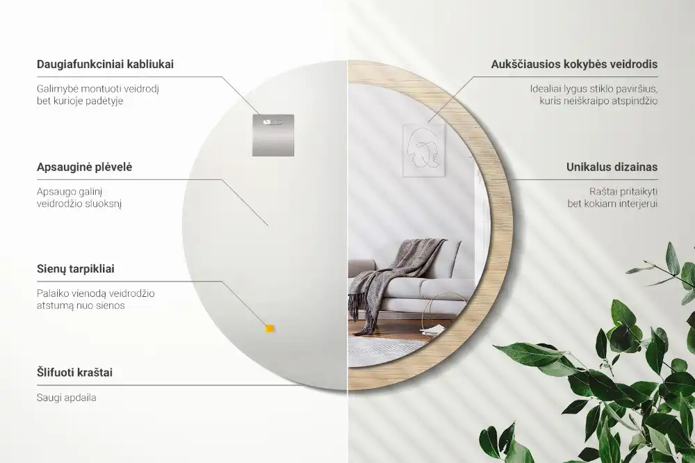 Round printed mirror Light wood