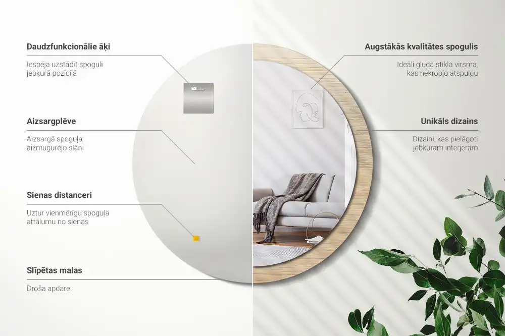 Round printed mirror Light wood