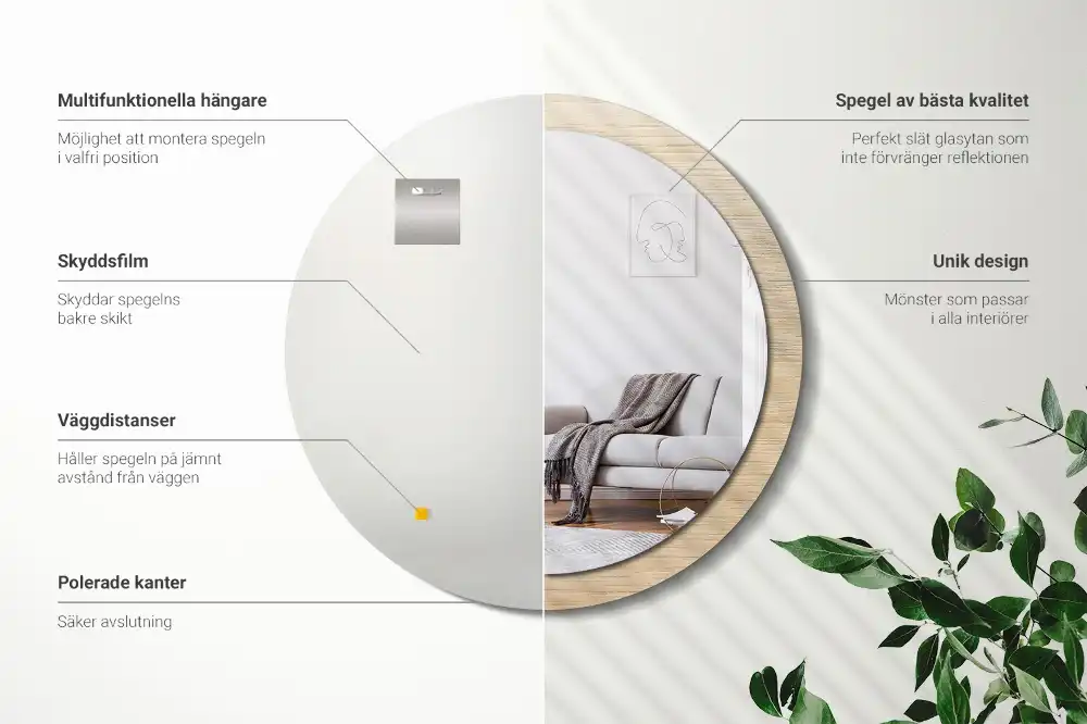 Round printed mirror Light wood