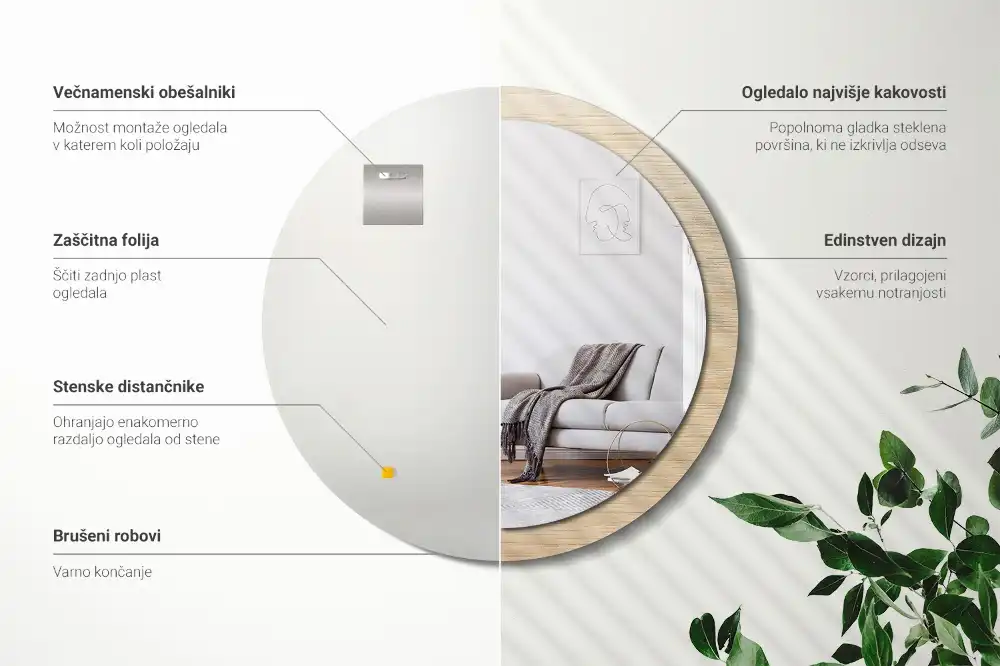 Round printed mirror Light wood