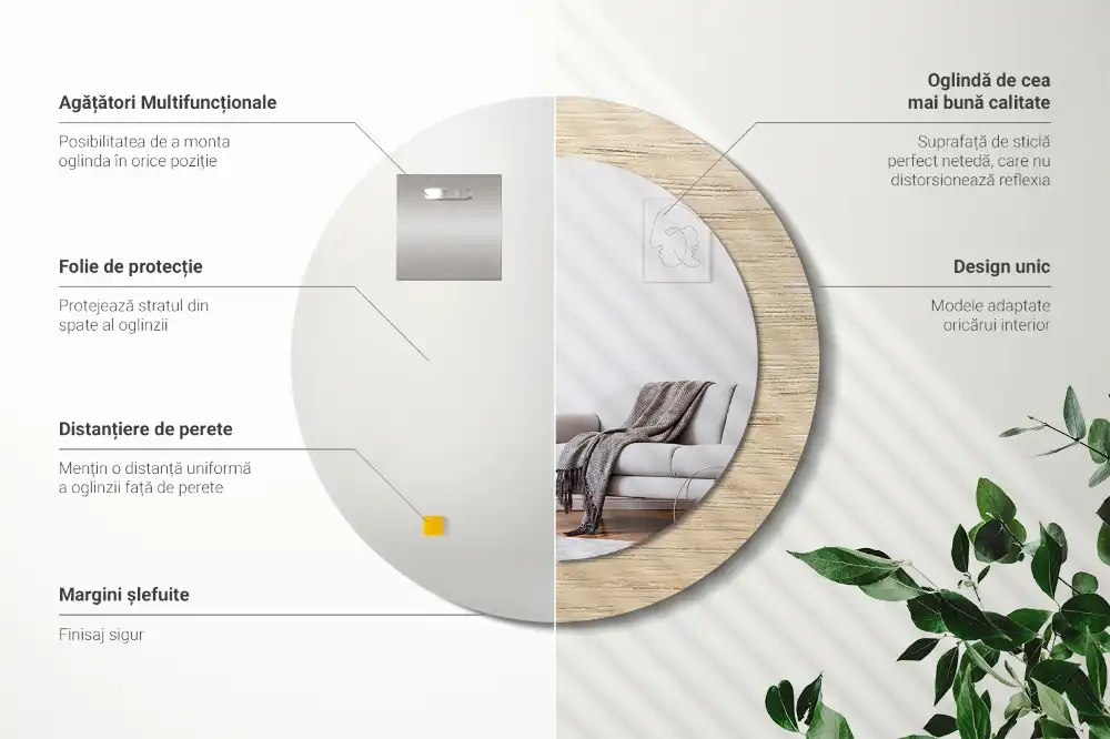 Round printed mirror Light wood