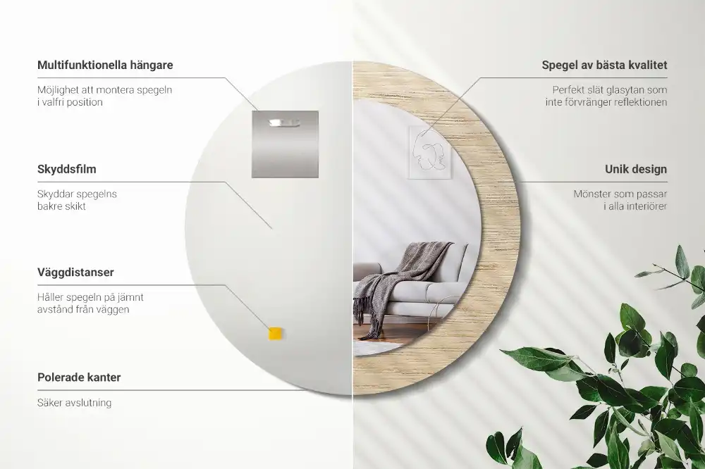 Round printed mirror Light wood