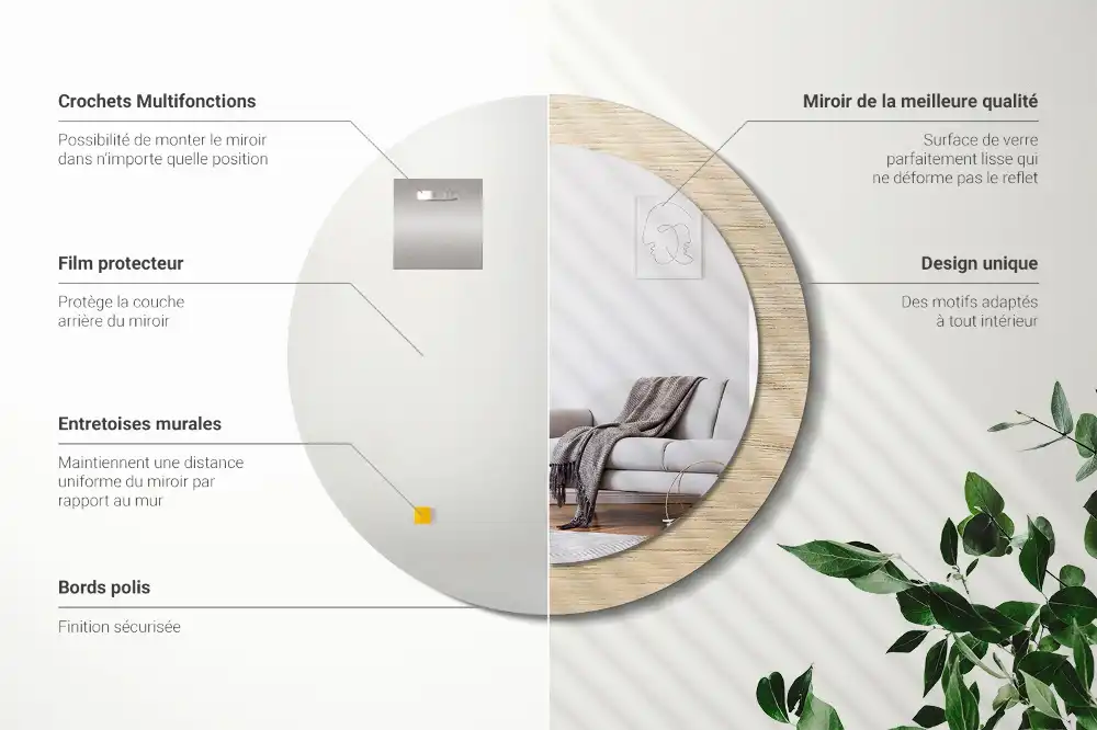 Round printed mirror Light wood