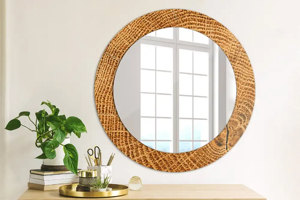 Round mirror frame with print Oak wood