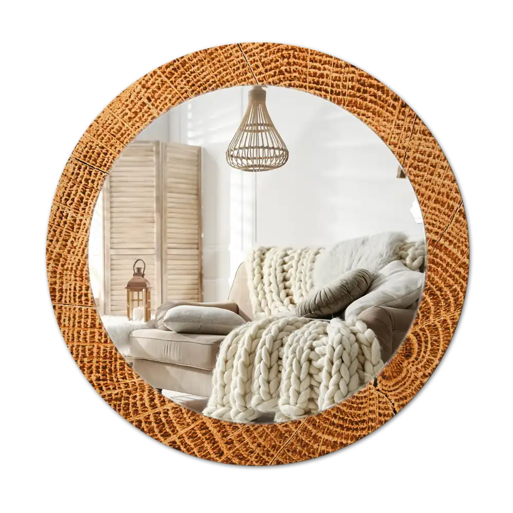 Round mirror frame with print Oak wood