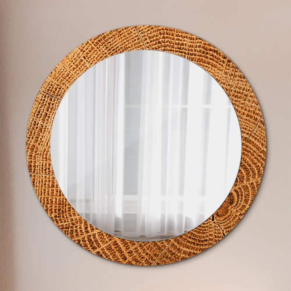 Round mirror frame with print Oak wood