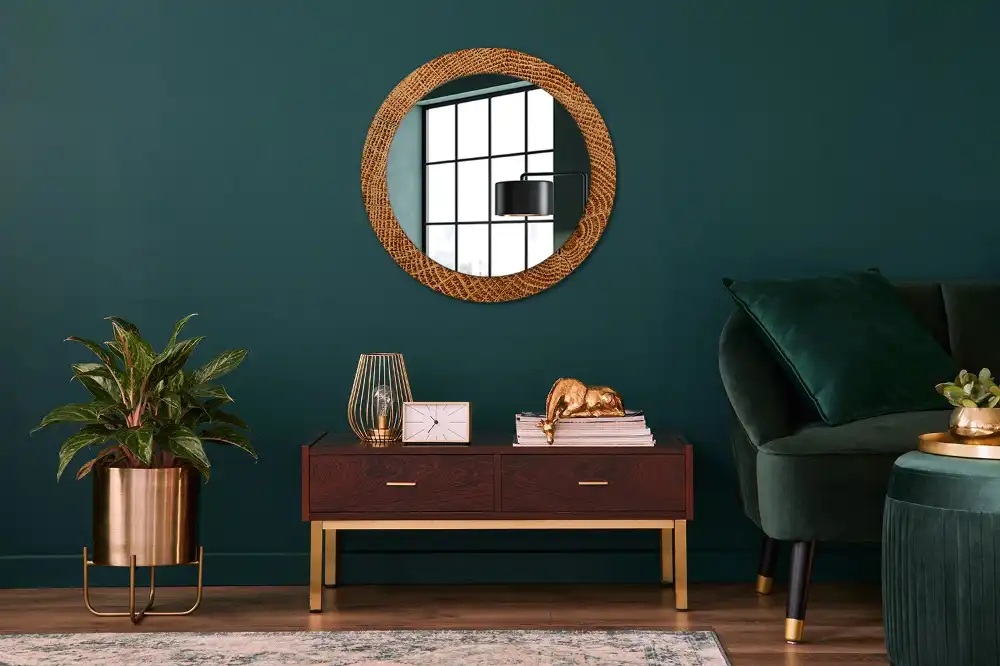 Round mirror frame with print Oak wood