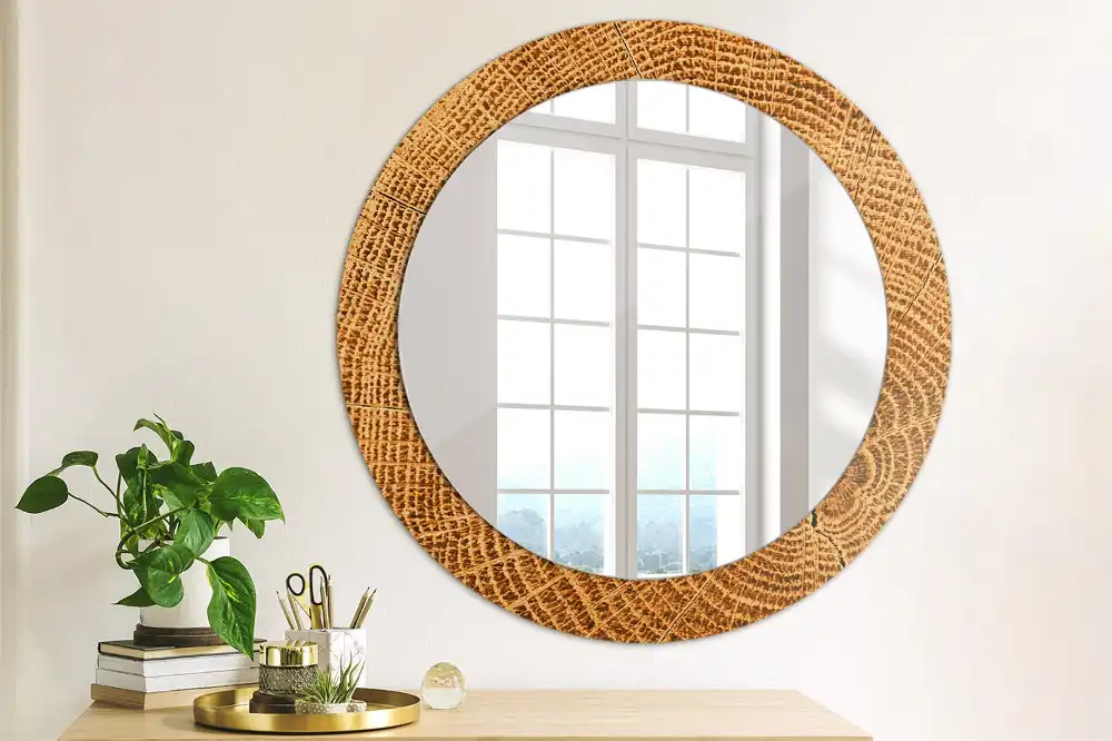 Round mirror frame with print Oak wood