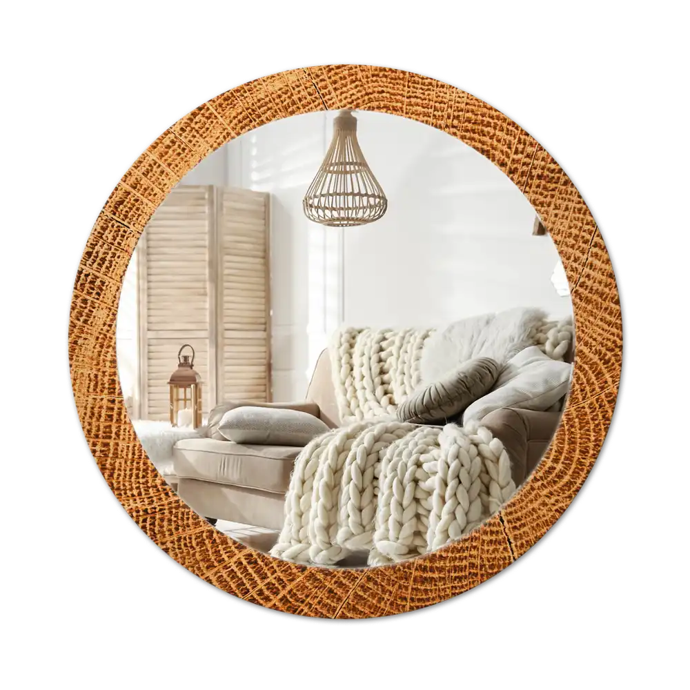 Round mirror frame with print Oak wood